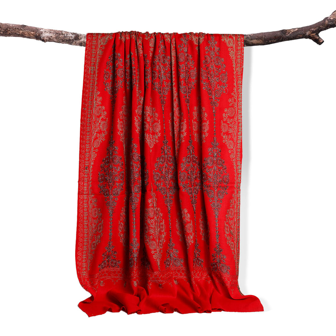 Aari Work Full Jaal Shawl - Bright Red