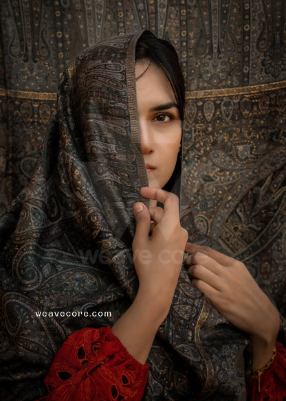Kani Silk Heritage Shawl – Charcoal Paisley