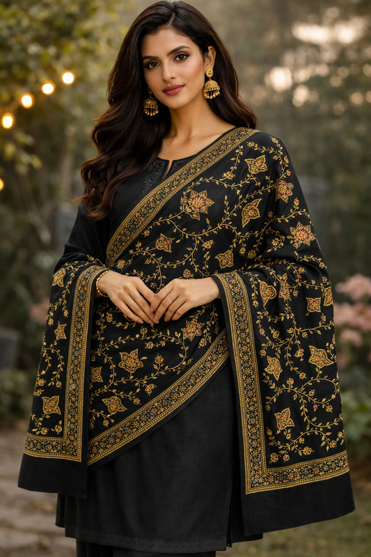 Black Intricate Floral Embroidered Shawl