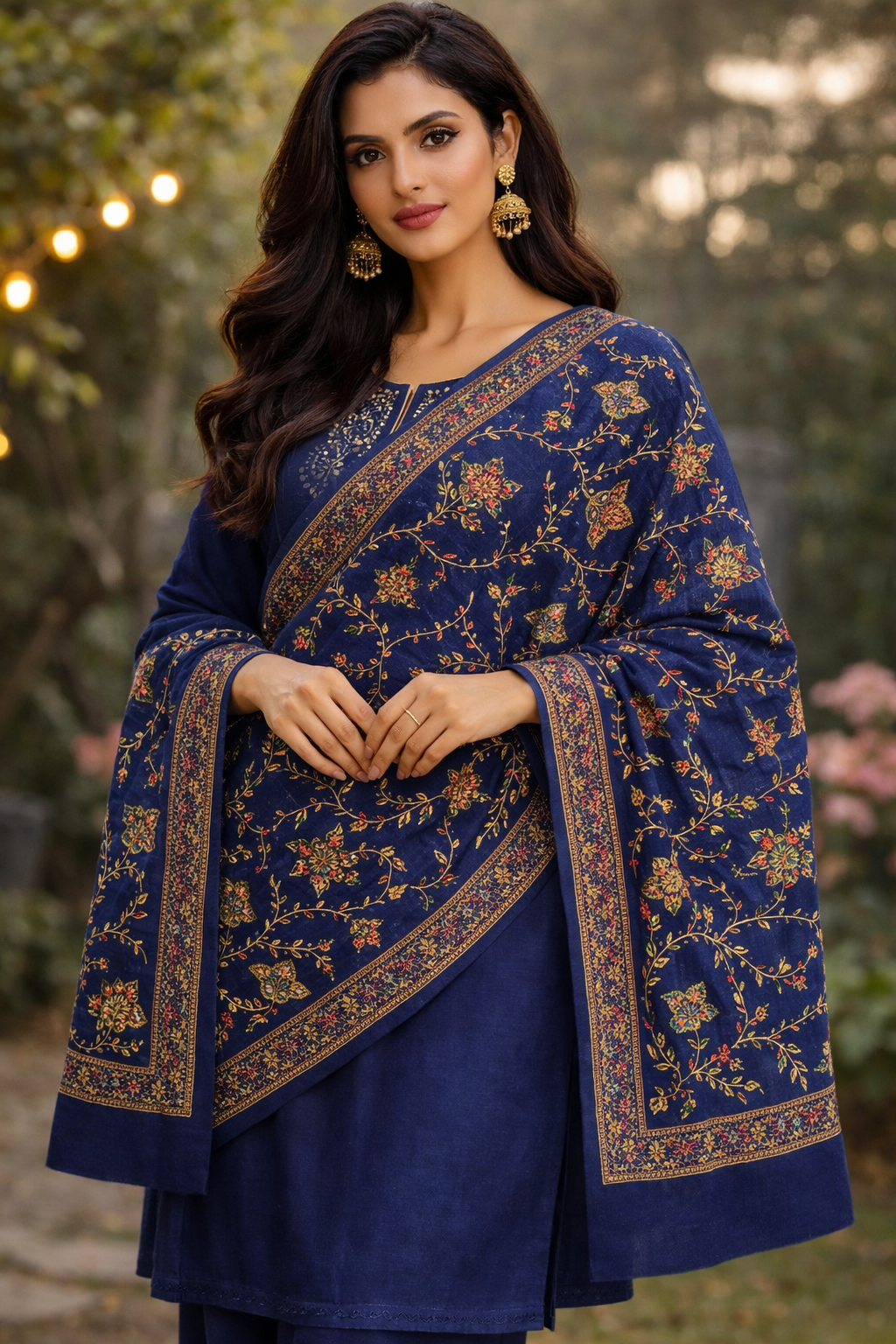 Blue Intricate Floral Embroidered Shawl
