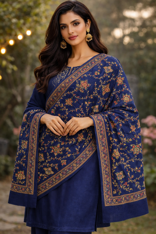 Blue Intricate Floral Embroidered Shawl