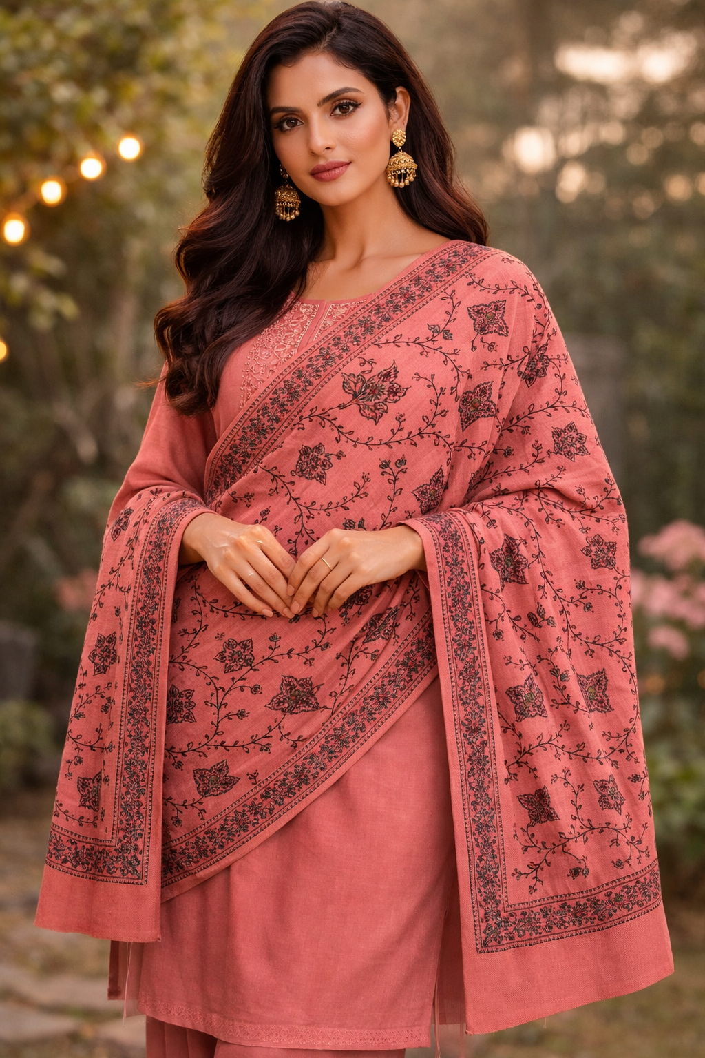 Pink Intricate Floral Embroidered Shawl