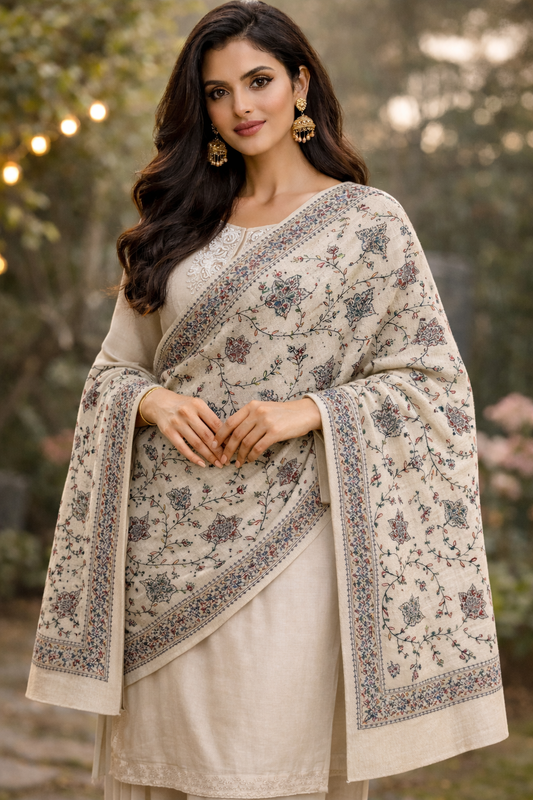 Grey Intricate Floral Embroidered Shawl