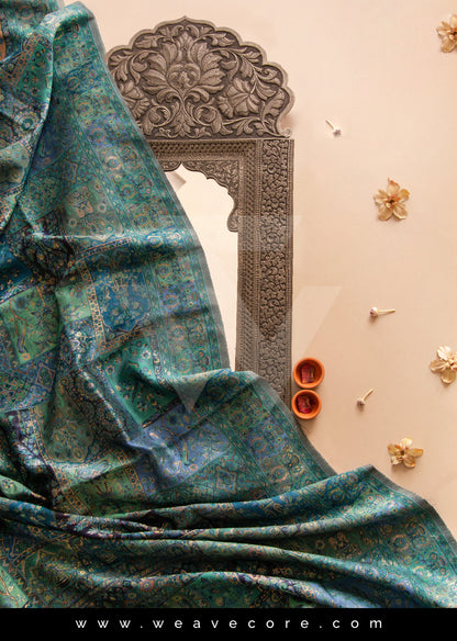 Turquoise Blossom: Floral Symphony Kani Silk Shawl