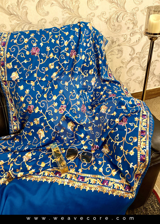 Kashmiri Aari Jaal with Border Shawl - Azure Blue Shade