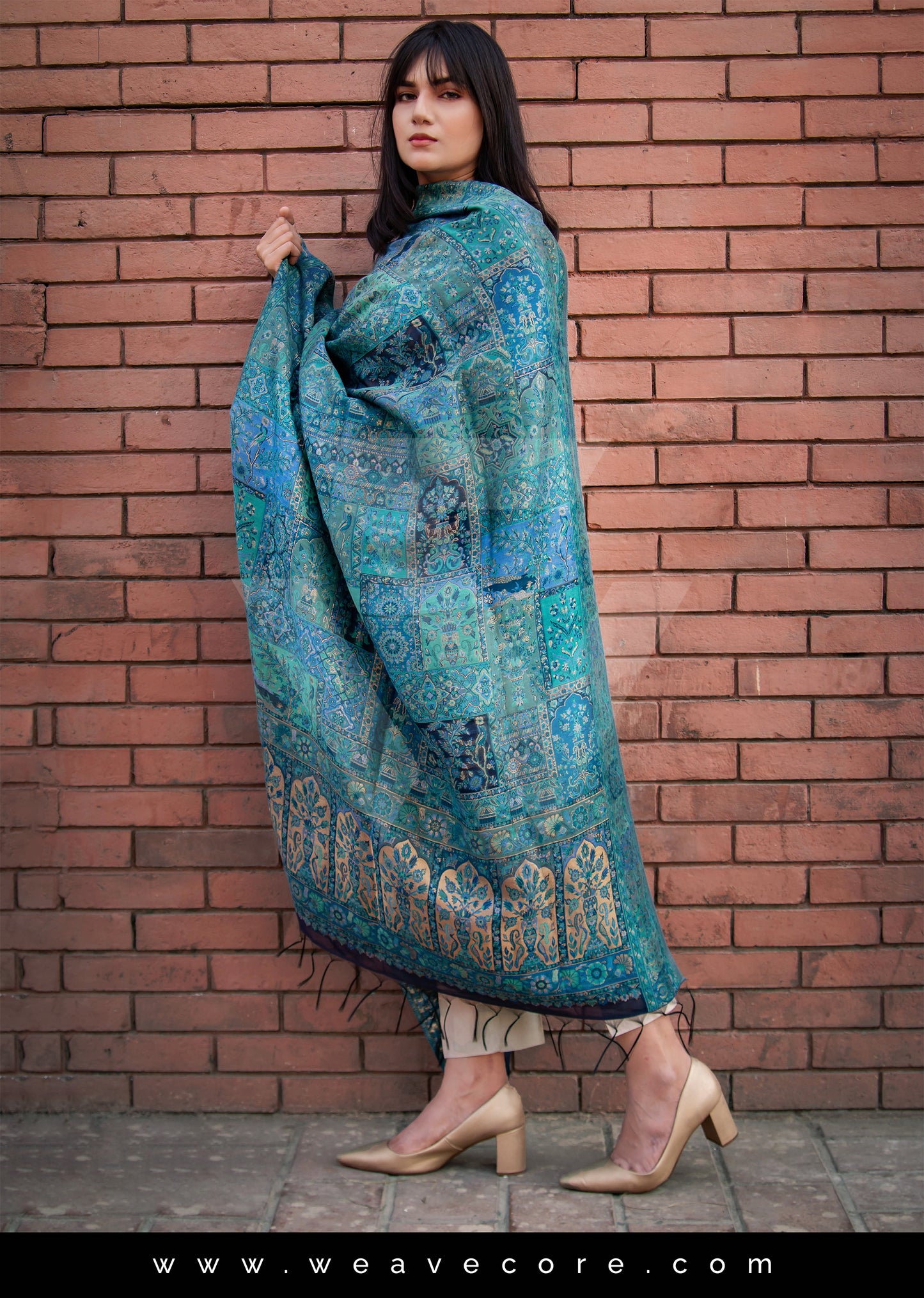 Turquoise Blossom: Floral Symphony Kani Silk Shawl