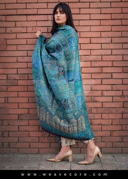 Turquoise Blossom: Floral Symphony Kani Silk Shawl