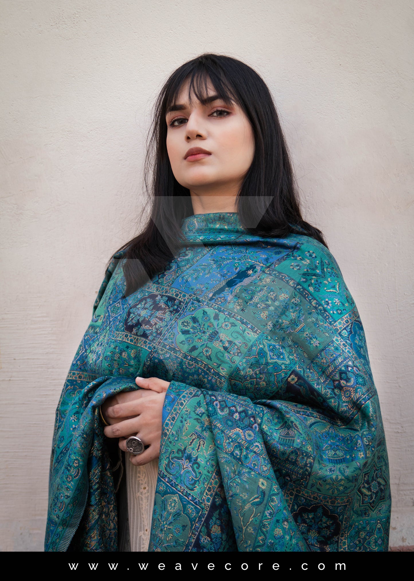 Turquoise Blossom: Floral Symphony Kani Silk Shawl