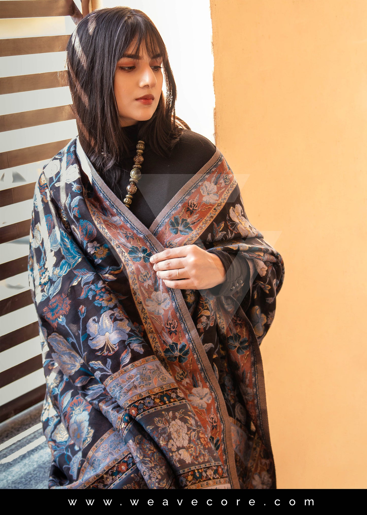 Floral Noir: Black Kani Silk Shawl