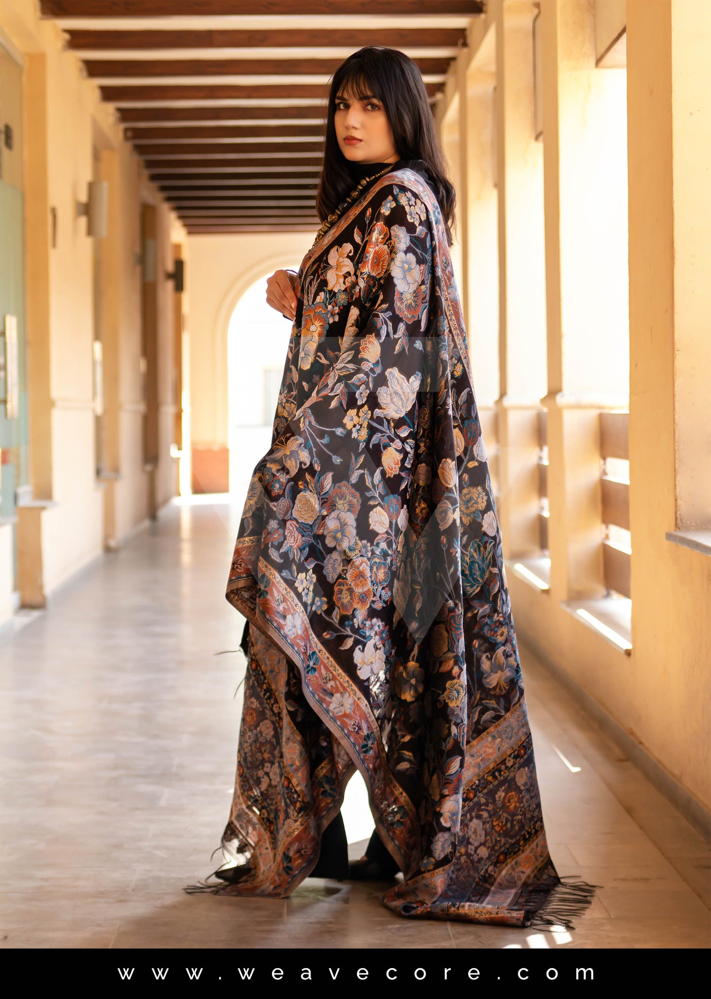 Floral Noir: Black Kani Silk Shawl