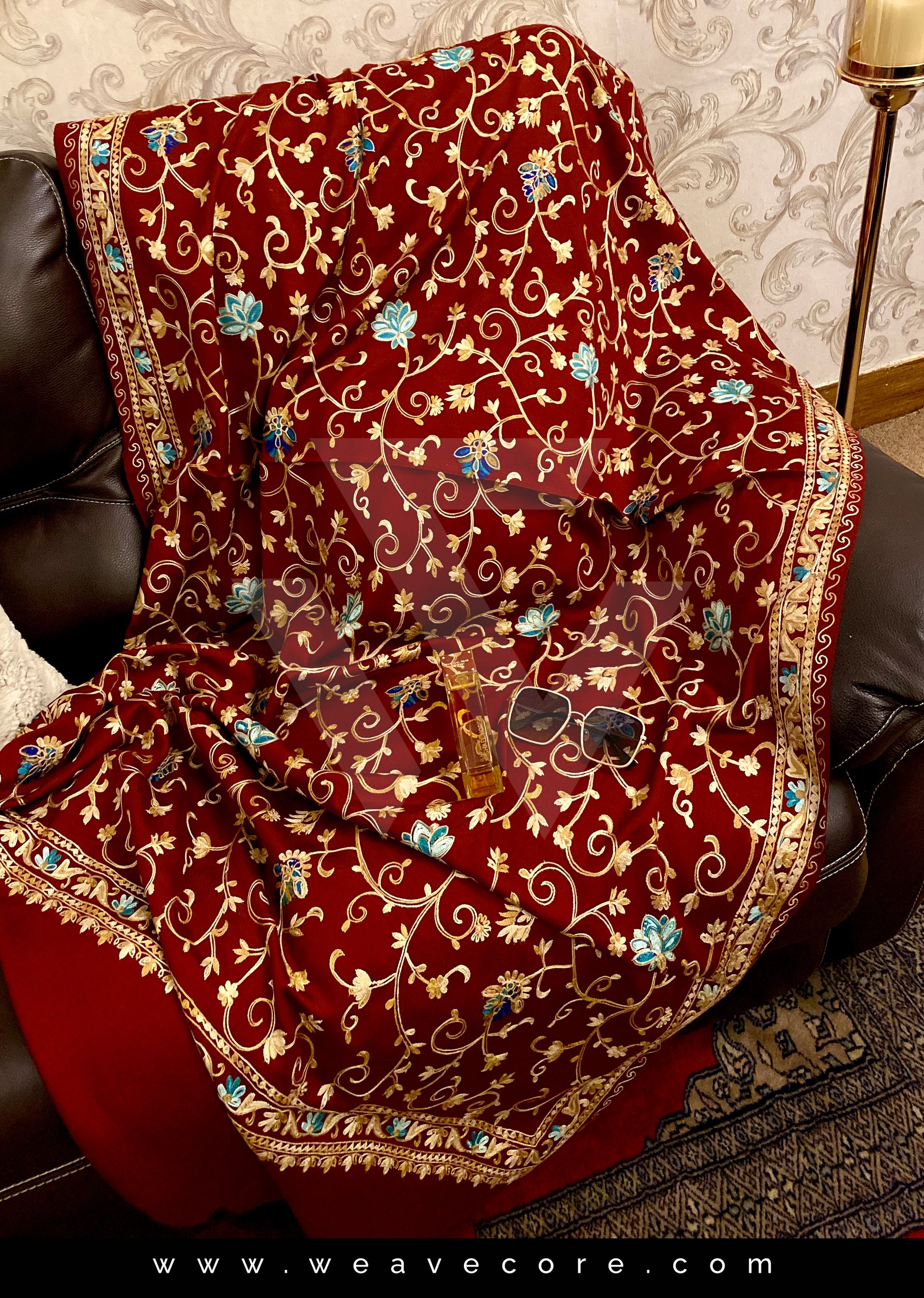 Kashmiri Aari Jaal with Border Shawl - Elegant Red