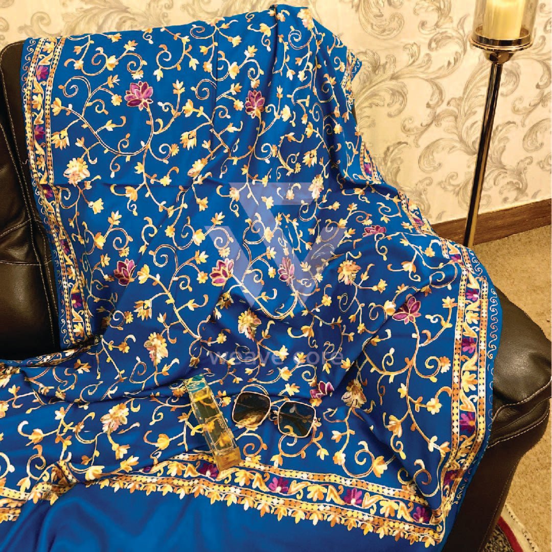 Kashmiri Aari Jaal with Border Shawl - Azure Blue Shade