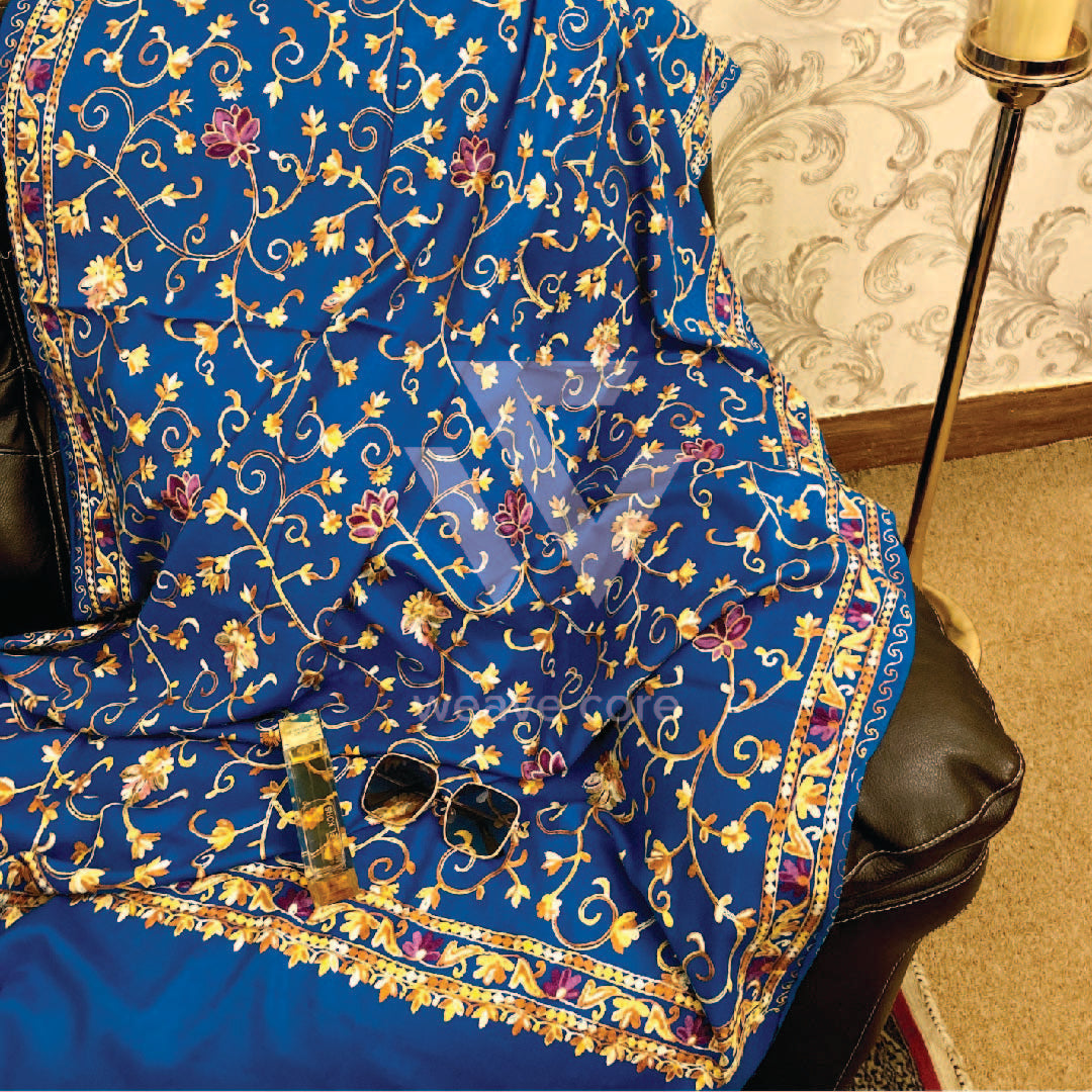 Kashmiri Aari Jaal with Border Shawl - Azure Blue Shade