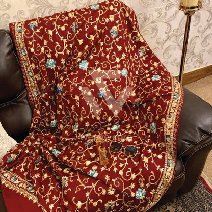 Kashmiri Aari Jaal with Border Shawl - Elegant Red