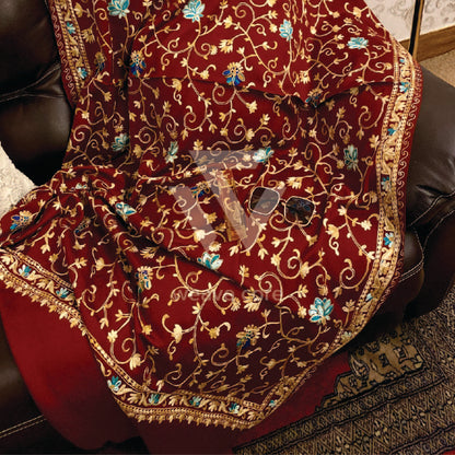 Kashmiri Aari Jaal with Border Shawl - Elegant Red